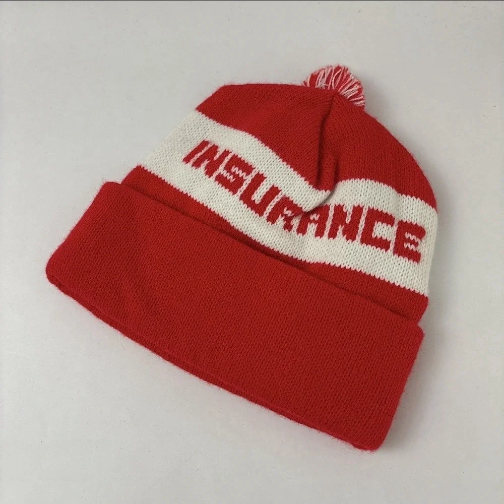 Vintage State Farm Knitted Beanie Acrylic Red And White